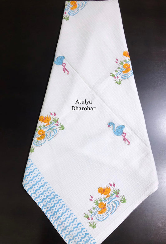 Flamingo and Ducks Hand Block Printed Waffle Cotton Kids Towel