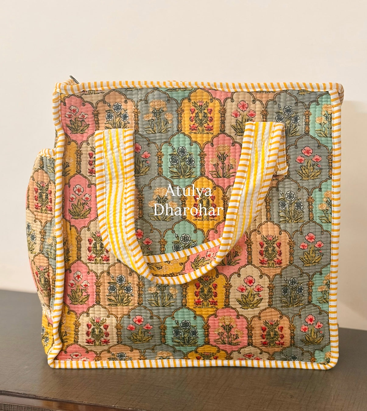 Multicolour Mughal Motifs Quilted Mini Tote Bag with Zip