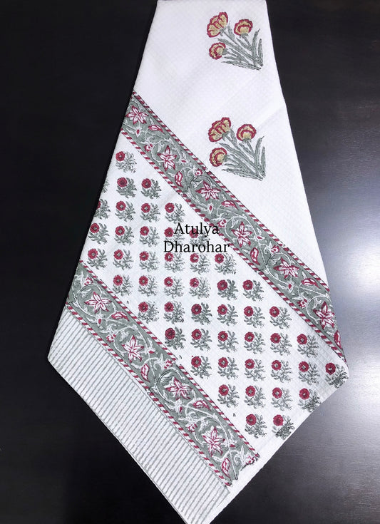 Red and Grey Floral Motifs Hand Block Printed Waffle Cotton Towel