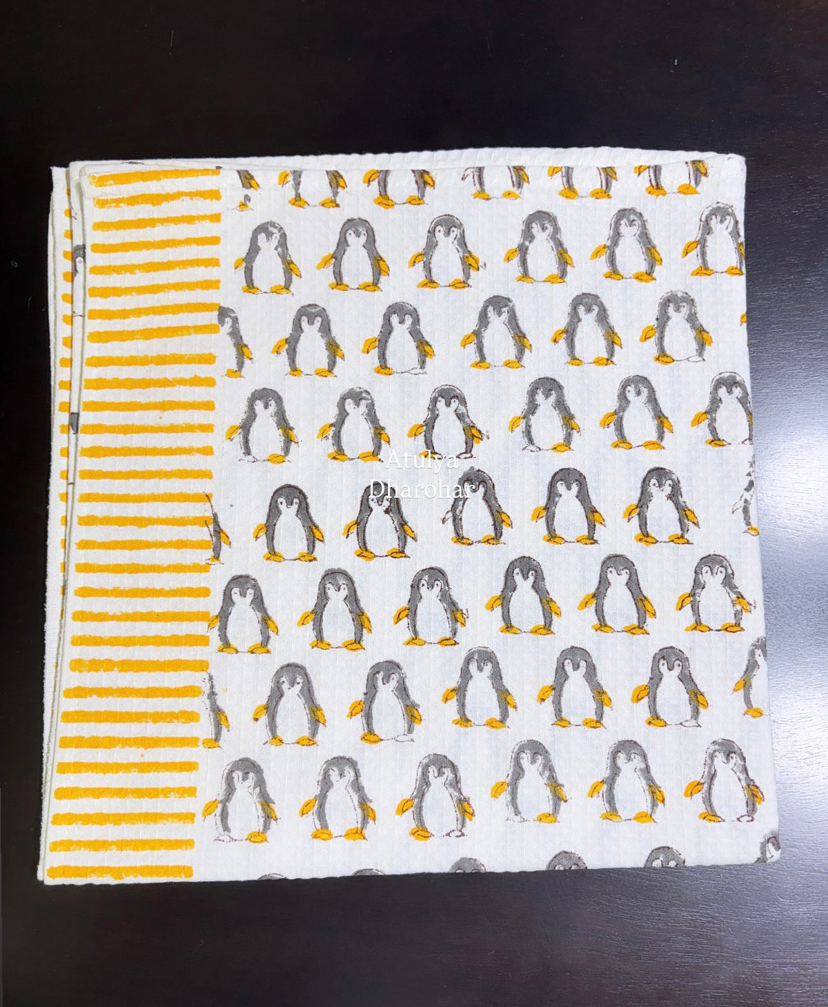 Penguin Hand Block Printed Waffle Cotton Kids Towel