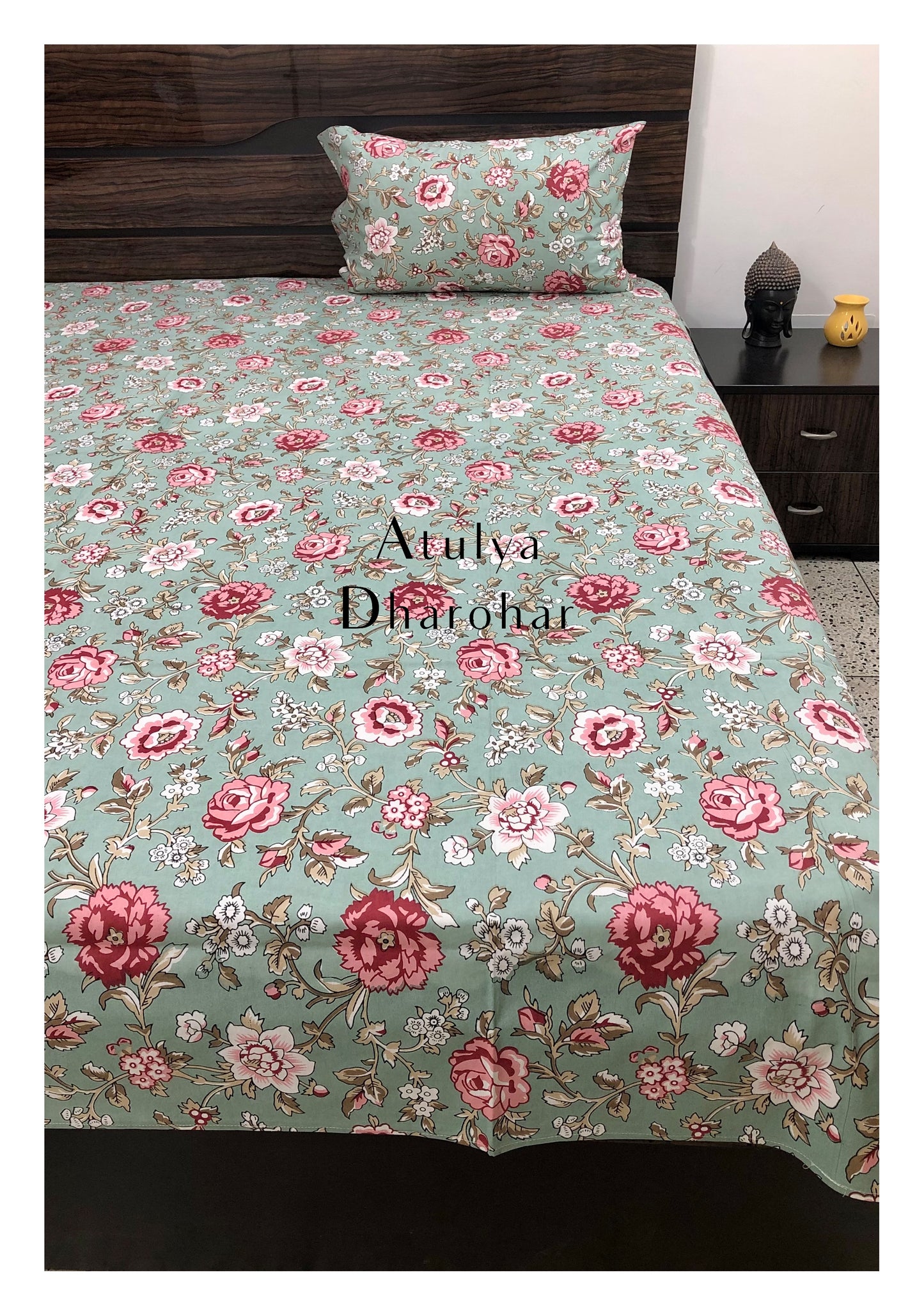 Green and Pink Floral Motifs Bedsheet
