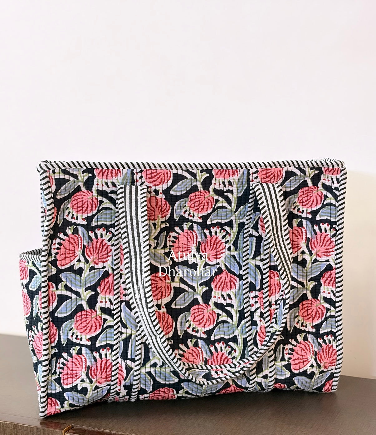 Black Floral Medium Tote Bag with Zip
