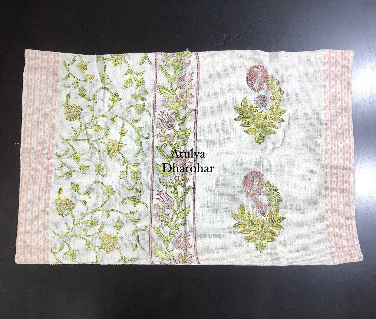 Green and Pink Floral Jaal with Mughal Butta Hand Block Printed Jute Cotton Bedcover