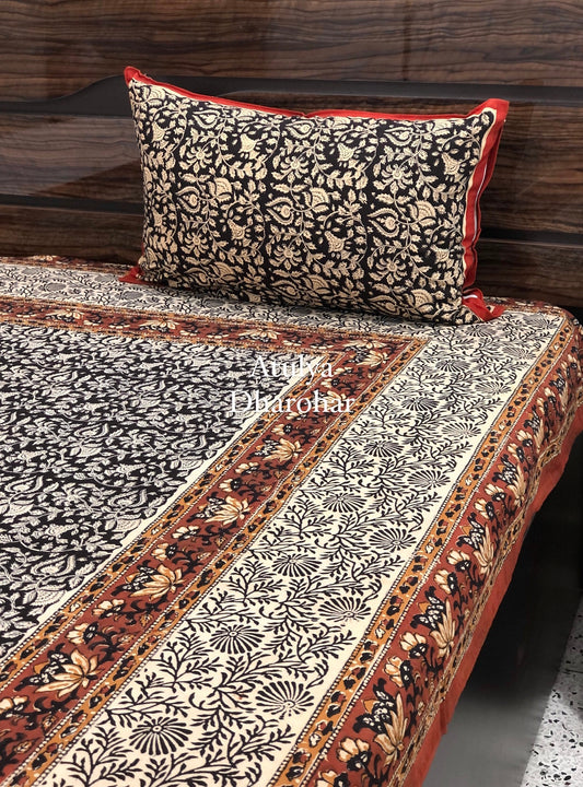 Black Kalamkari Hand Block Printed Single Bedsheet