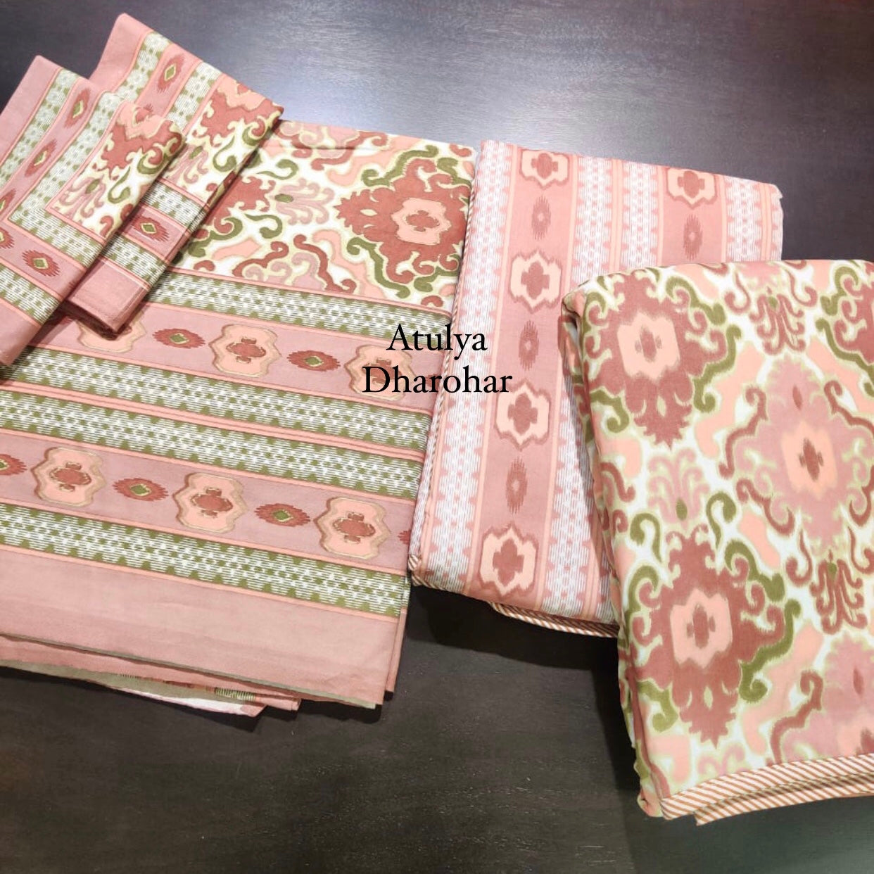 Rust and Green Ikat Mulmul Single Dohar Pair with Super King Bedsheet Set