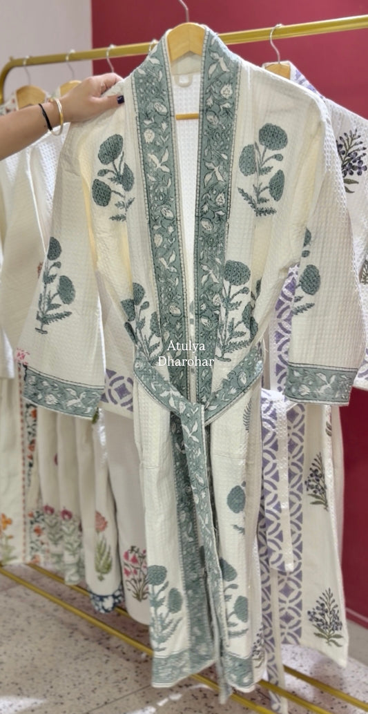 Greyish Blue Floral Motifs Hand Block Waffle Cotton Bathrobe