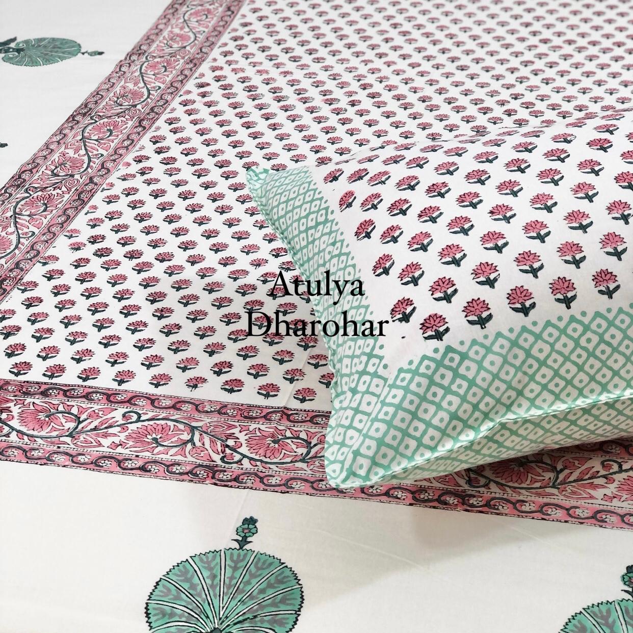 Pink Floral Motifs Hand Block Printed Single Bedsheet