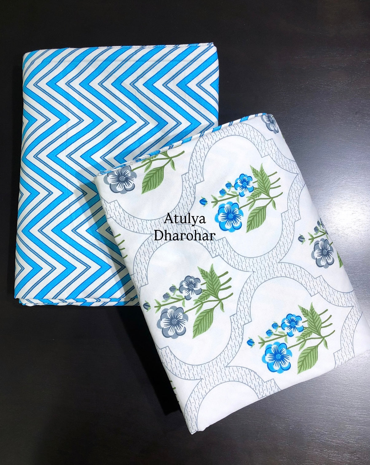 Blue and Green Floral Mughal Jaal Cambric Cotton Single Dohar Pair