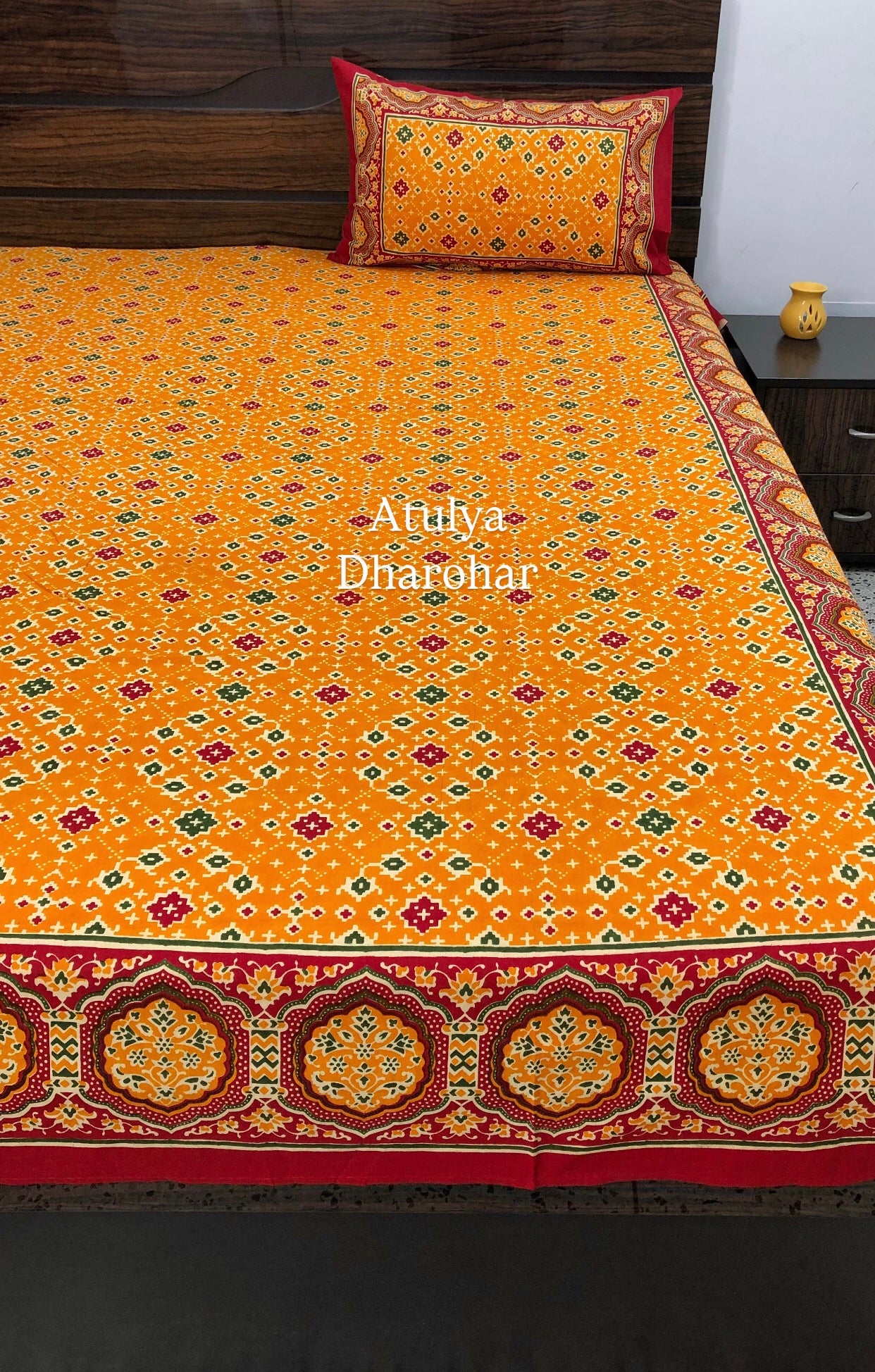 Yellow Bandhej Cotton King Size Bedsheet