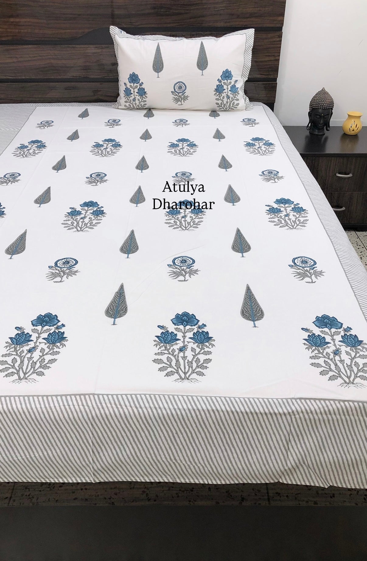 Blue and Grey Floral Motifs Cotton Single Bed Bedsheet