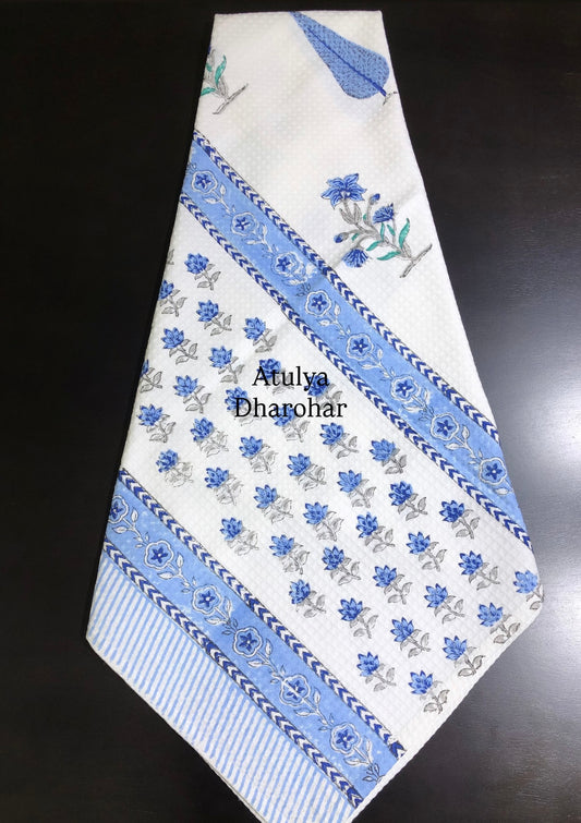 Blue Floral Motifs Hand Block Printed Waffle Cotton Towel