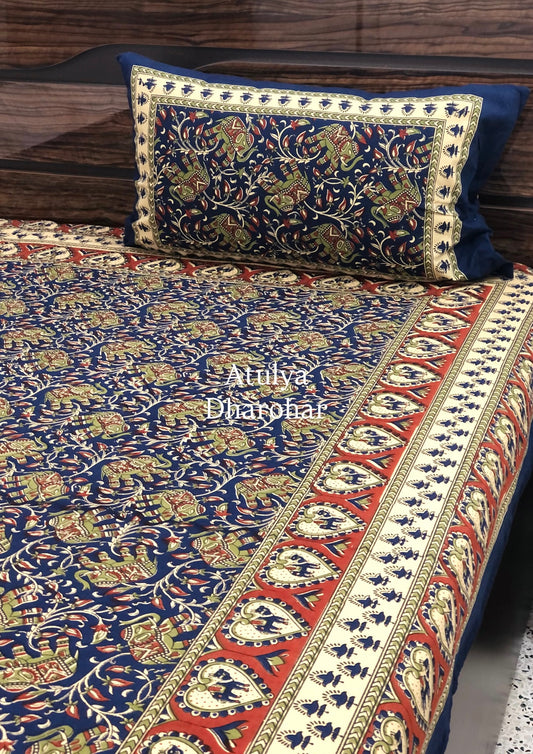 Indigo Elephant Motifs Cotton Single Bed Bedsheet
