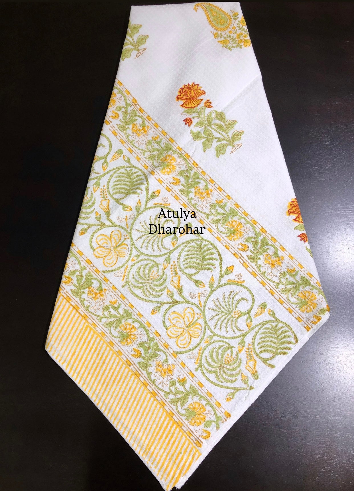 Yellow and Green Floral Motifs Hand Block Printed Waffle Cotton Towel