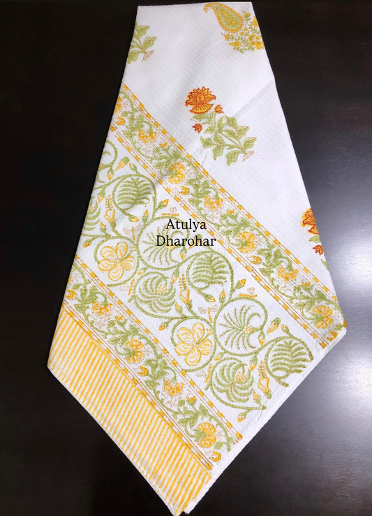 Yellow and Green Floral Motifs Hand Block Printed Waffle Cotton Towel