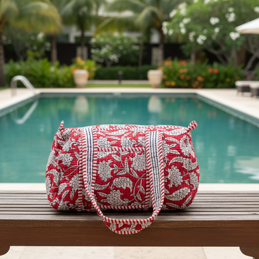 Red Floral Quilted Mini Duffle Bag
