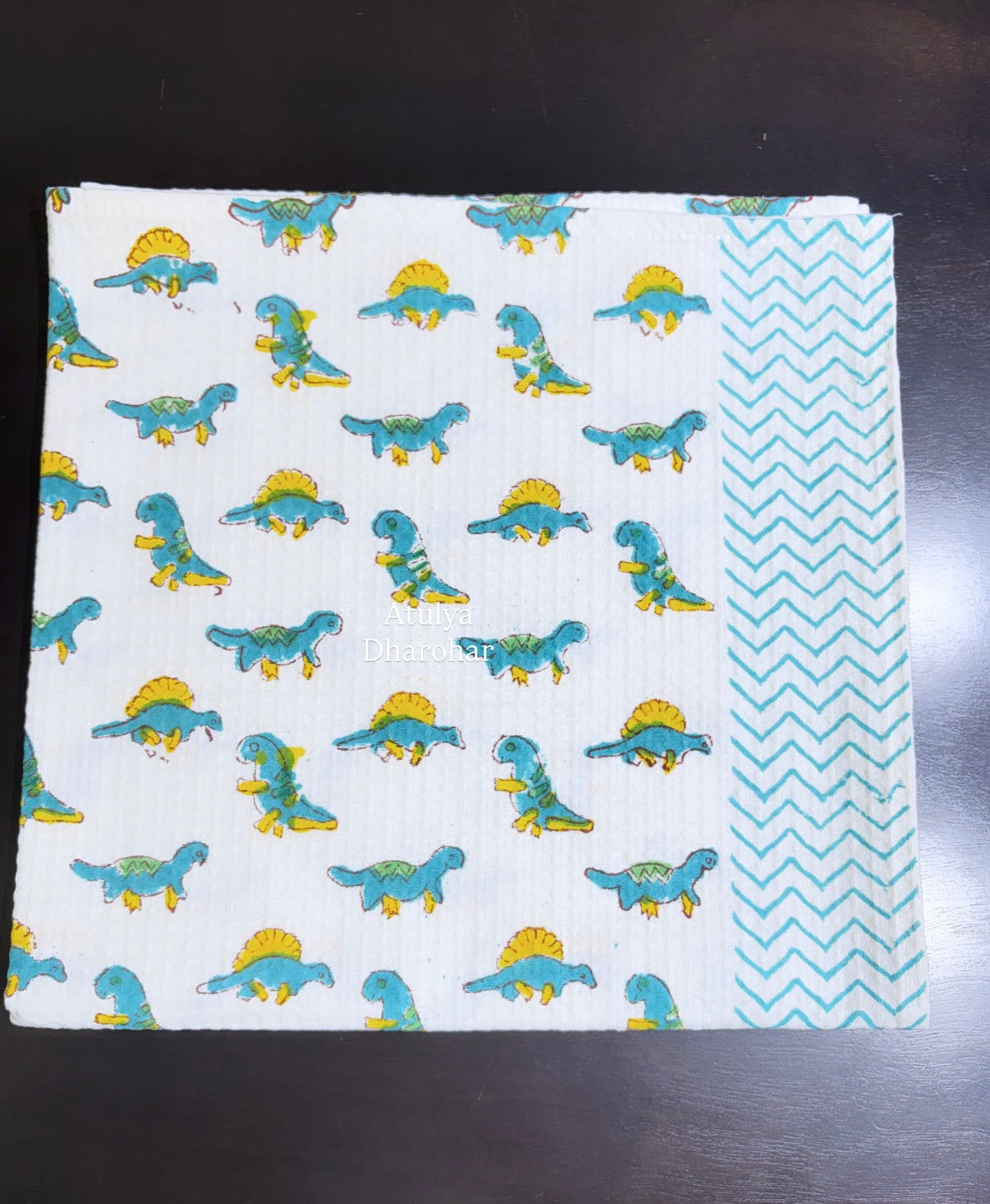 Blue Dino Hand Block Printed Waffle Cotton Kids Towel