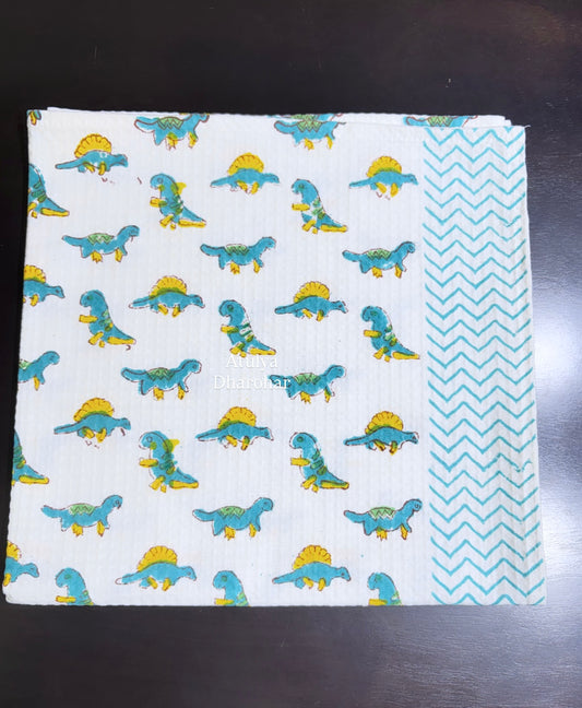 Blue Dino Hand Block Printed Waffle Cotton Kids Towel
