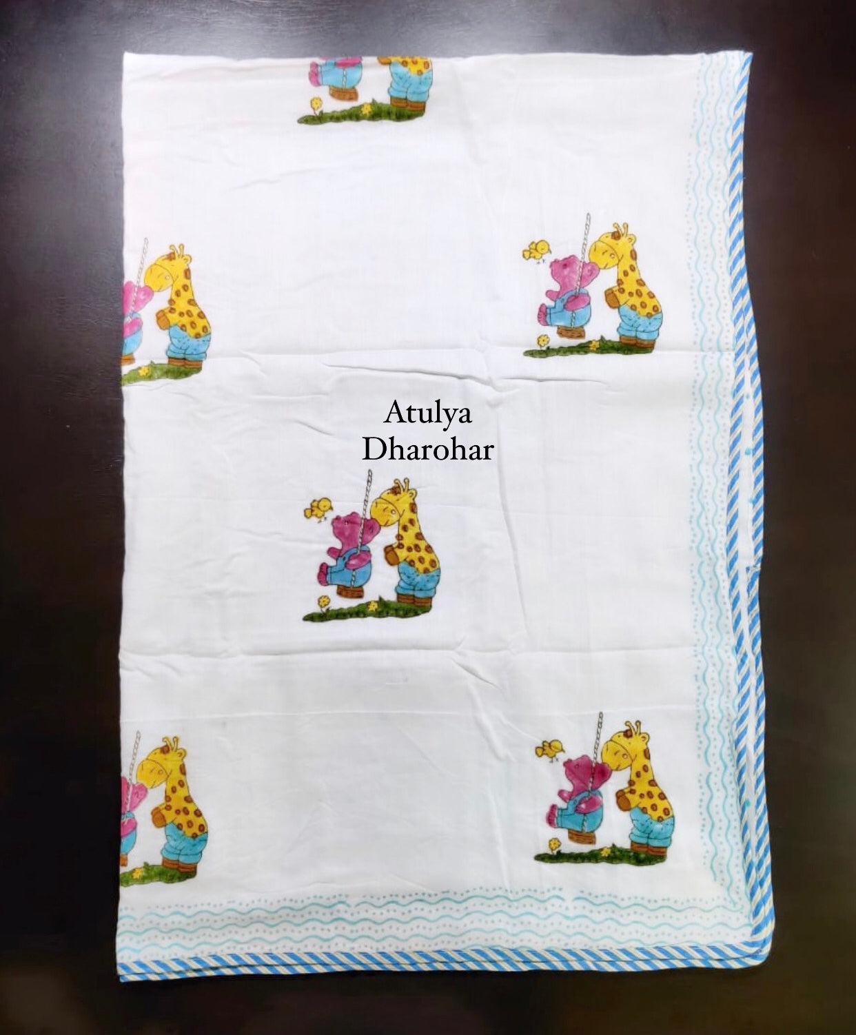 Giraffe and Bear Playing Hand Block Printed Mulmul Baby Dohar