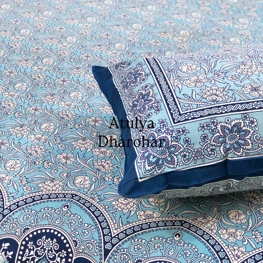 Blue Floral Jaal Cotton King Size Bedsheet