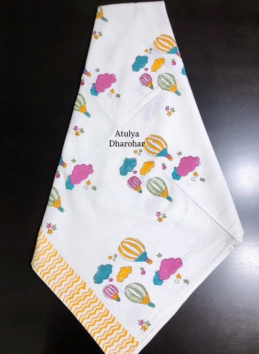 Hot Air Balloons and Clouds Hand Block Printed Waffle Cotton Kids Towel
