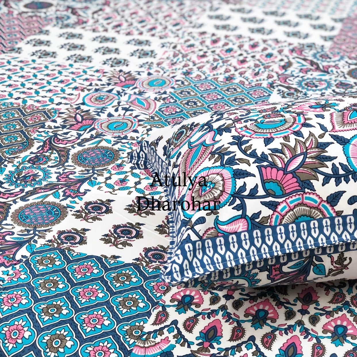 Blue Patchwork Look Cotton Super King Bedsheet