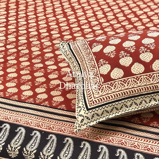 Rust and Black Kalamkari Cotton Super King Bedsheet