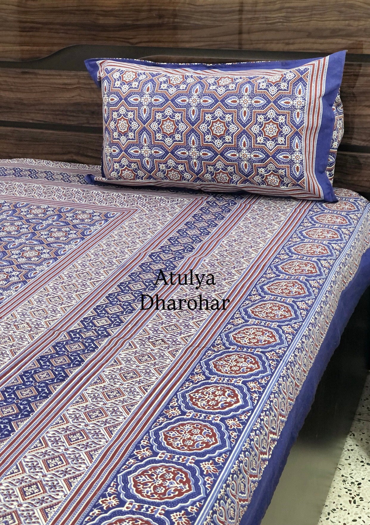 Blue Ajrakh King Size Bedsheet