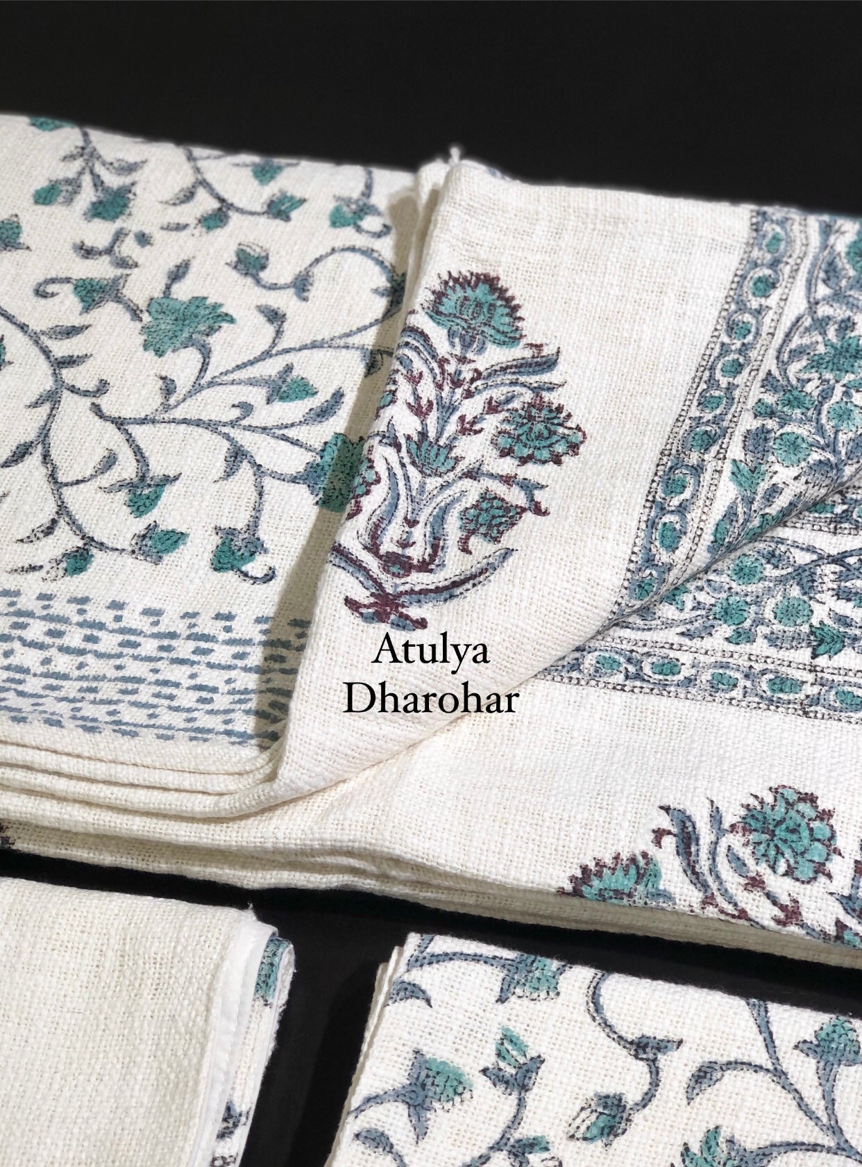 Turquoise Blue Mughal Butta with Floral Jaal Hand Block Printed Jute Cotton Bedcover