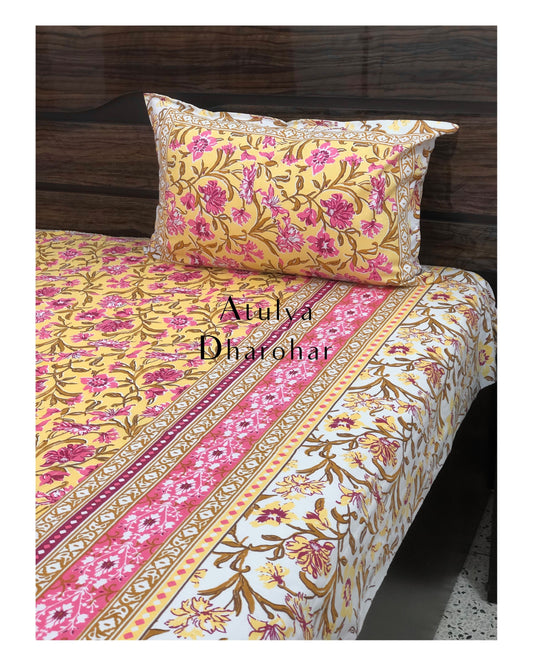 Yellow Floral Jaal Cotton Single Bedsheet