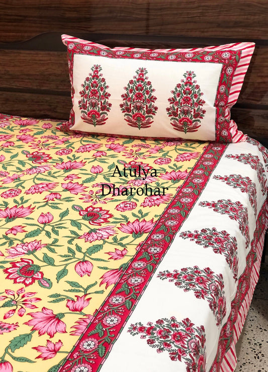Yellow Floral Jaal Cotton Super King Bedsheet