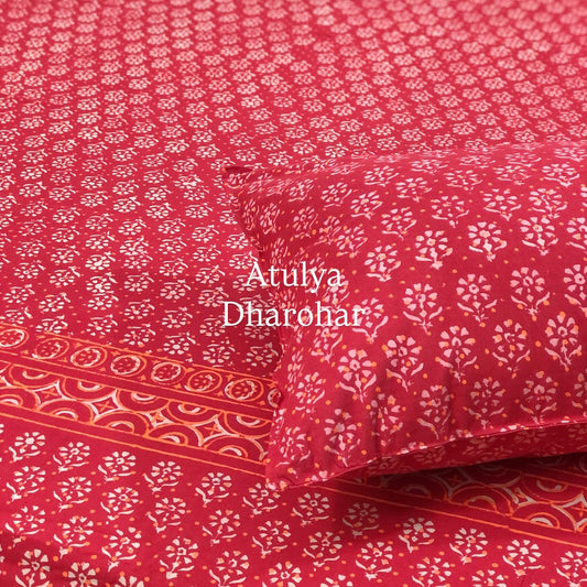 Red Butti Hand Block Printed Super King Bedsheet