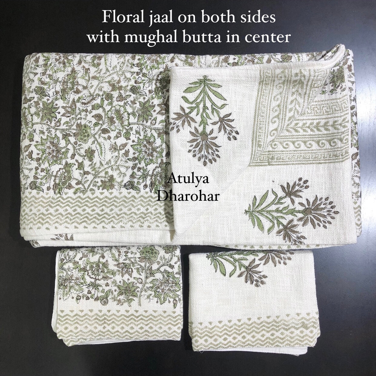 Green Floral Jaal with Mughal Butta Hand Block Printed Jute Cotton Bedcover