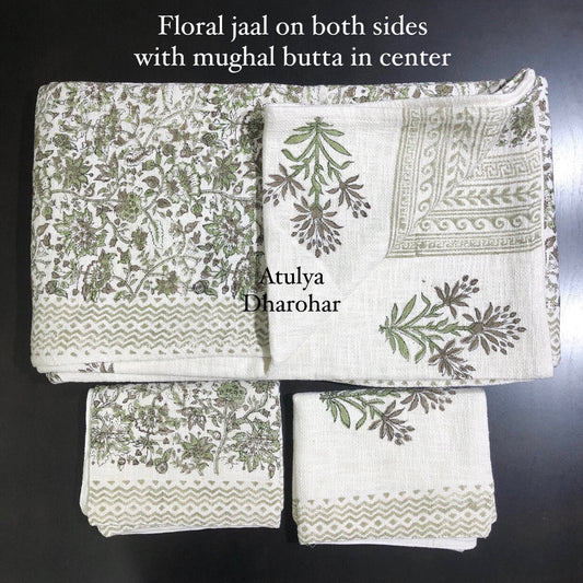 Green Floral Jaal with Mughal Butta Hand Block Printed Jute Cotton Bedcover