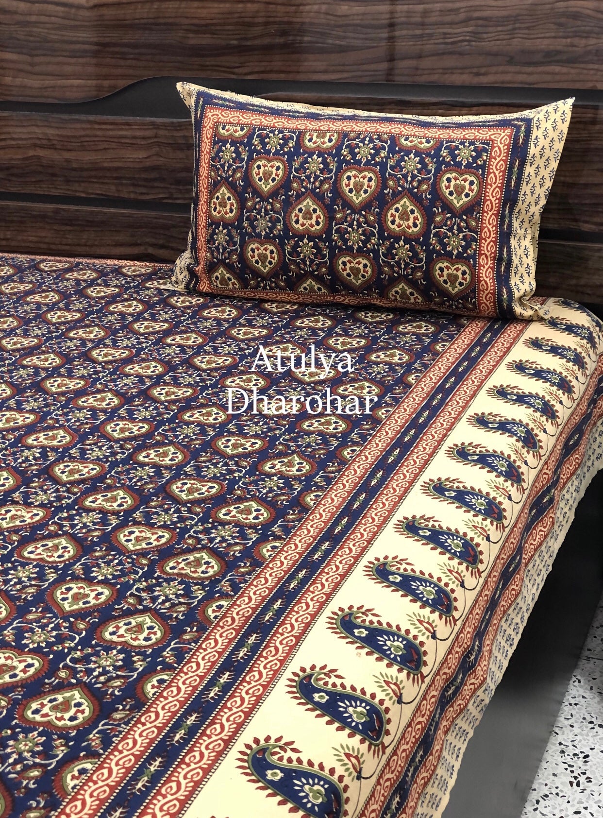 Indigo and Maroon Cotton Kalamkari Super King Bedsheet