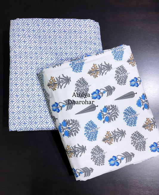 Blue Floral Motifs Cambric Cotton Single Dohar Pair