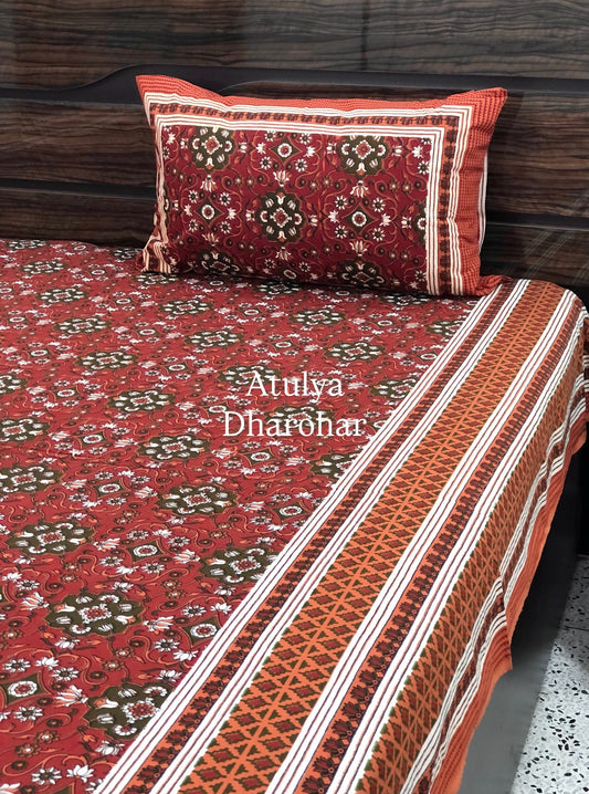 Maroon and Green Cotton Kalamkari King Size Bedsheet