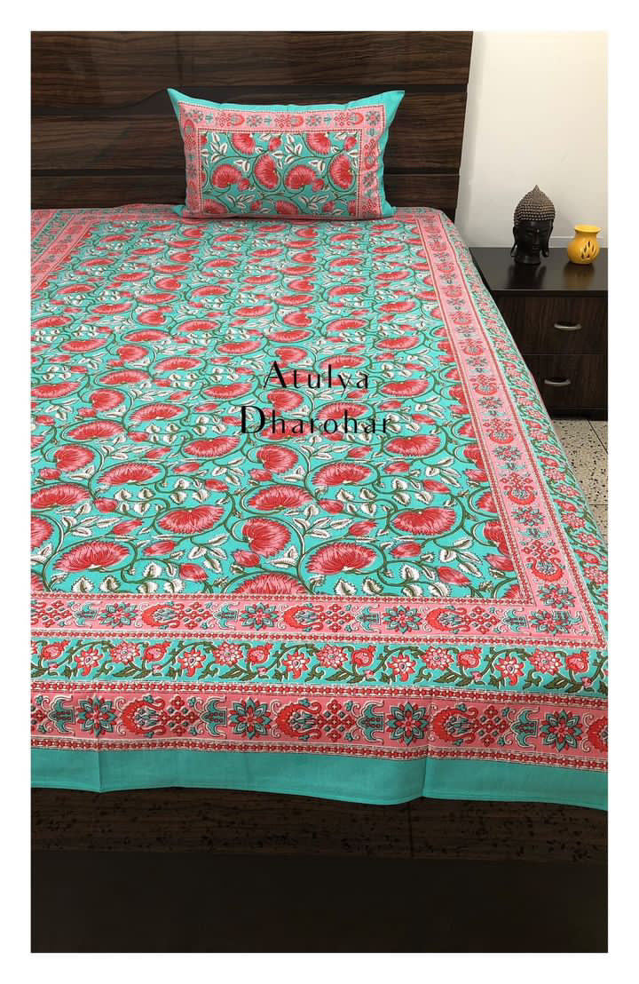 Teal and Pink Lotus Motifs Single Bedsheet