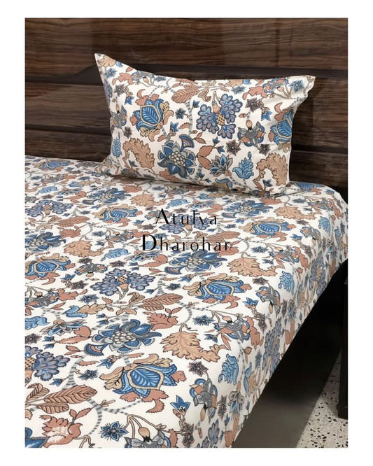Blue and Brown Floral Jaal Bedsheet