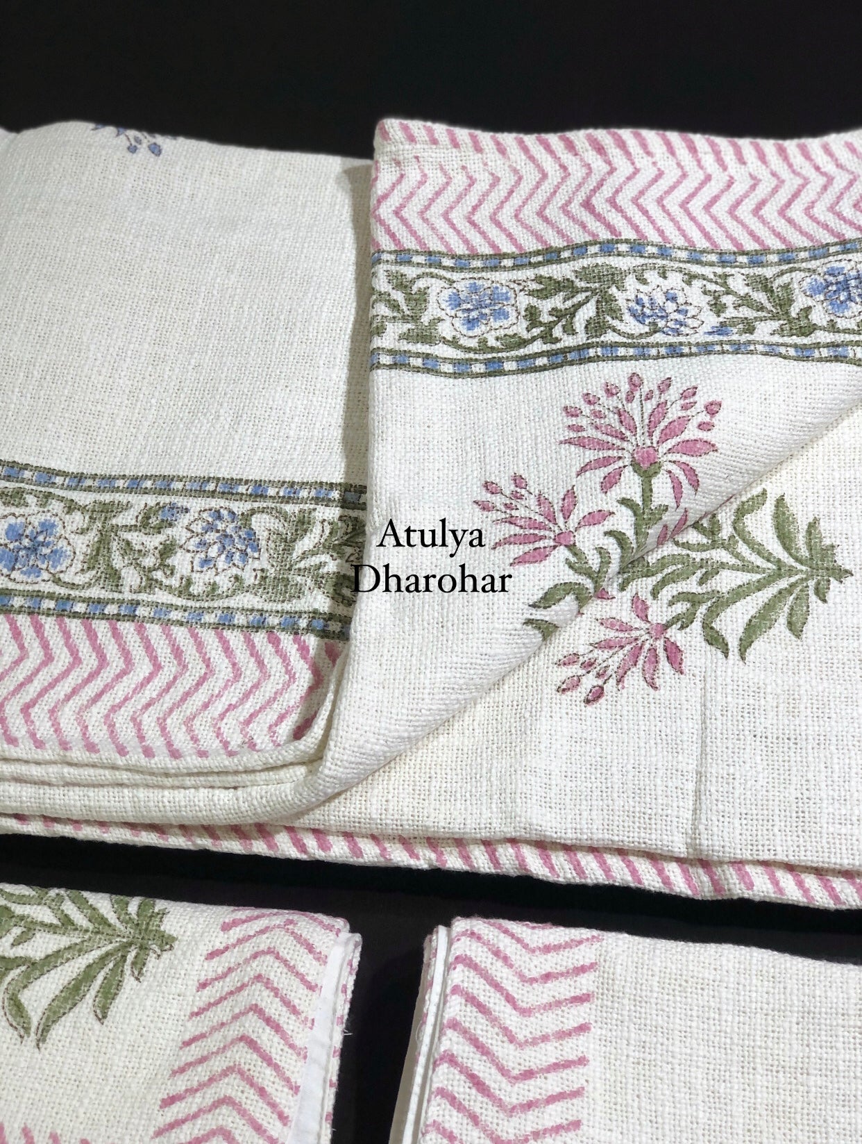 Pink and Blue Floral Hand Block Jute Cotton Bedcover