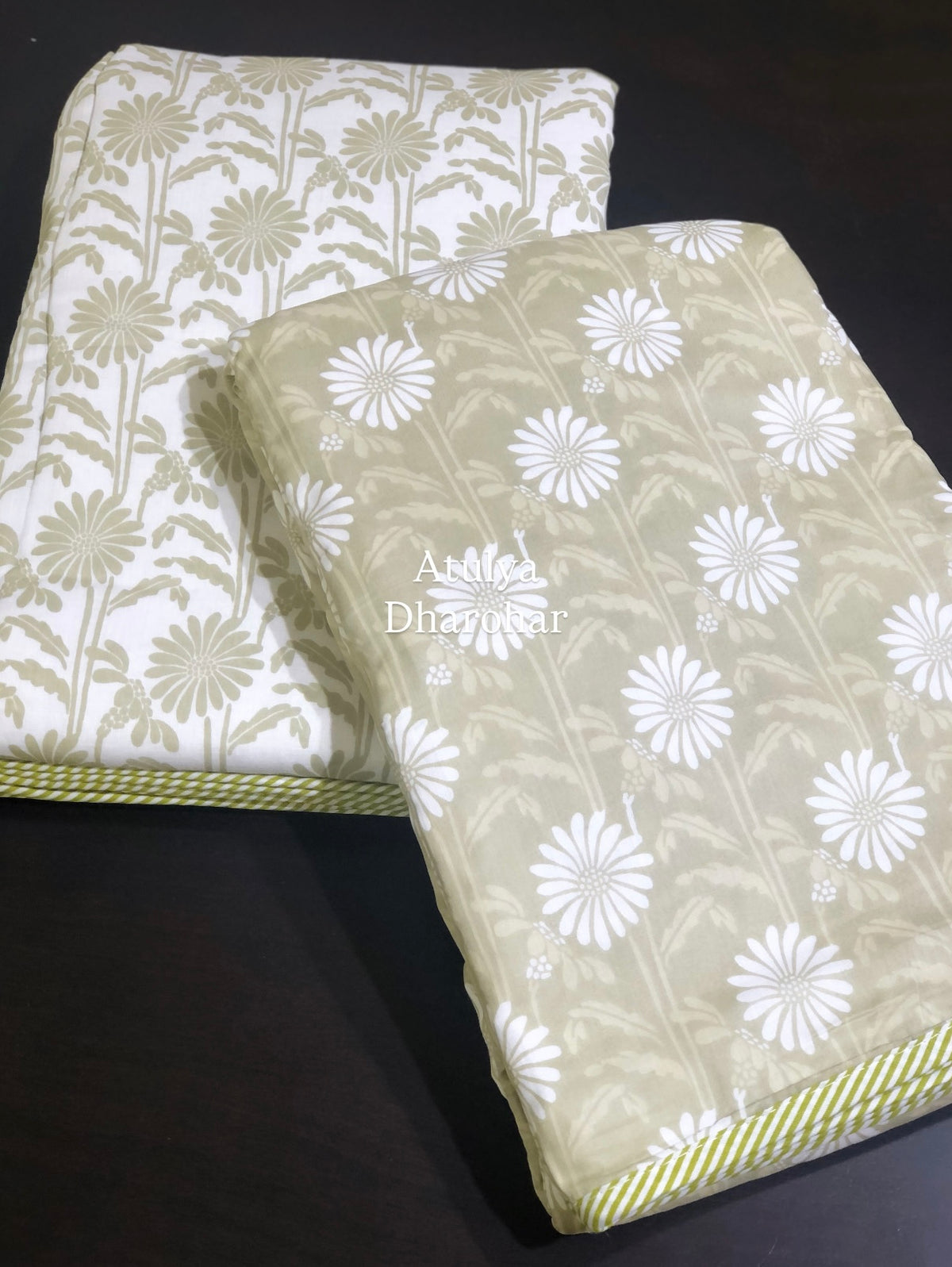 Green Floral Mulmul Single Dohar Pair
