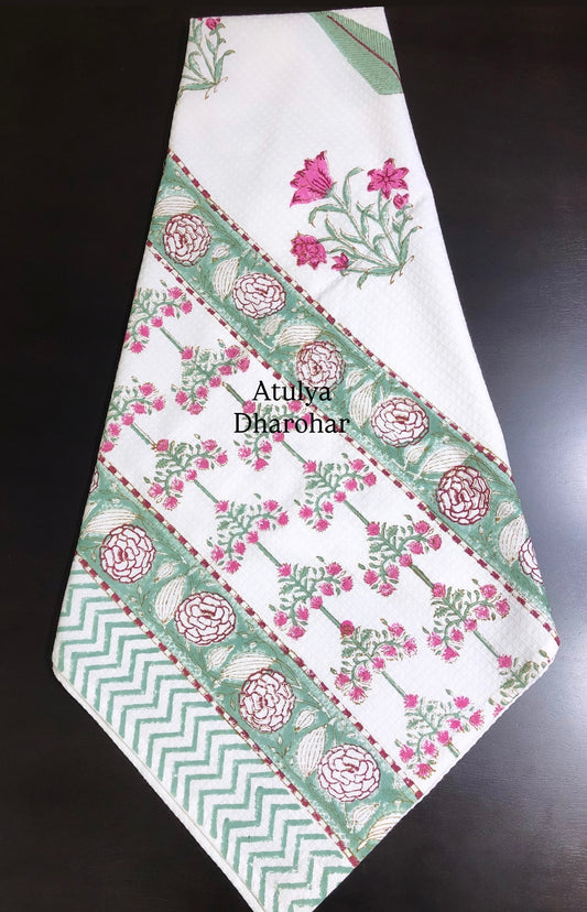 Green and Magenta Floral Motifs Hand Block Printed Waffle Cotton Towel