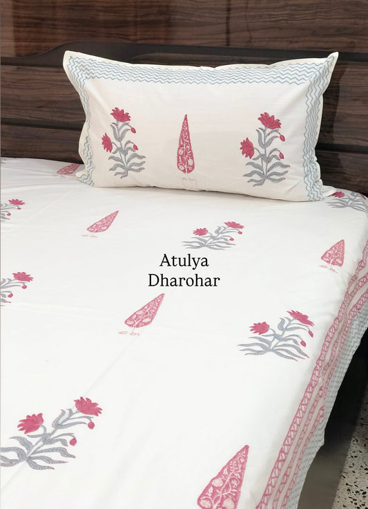 Red Floral Motifs Percale Cotton Hand Block Super King Bedsheet