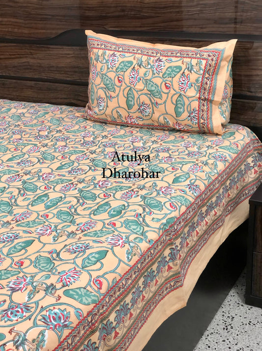 Green Lotus Jaal Cotton Bedsheet