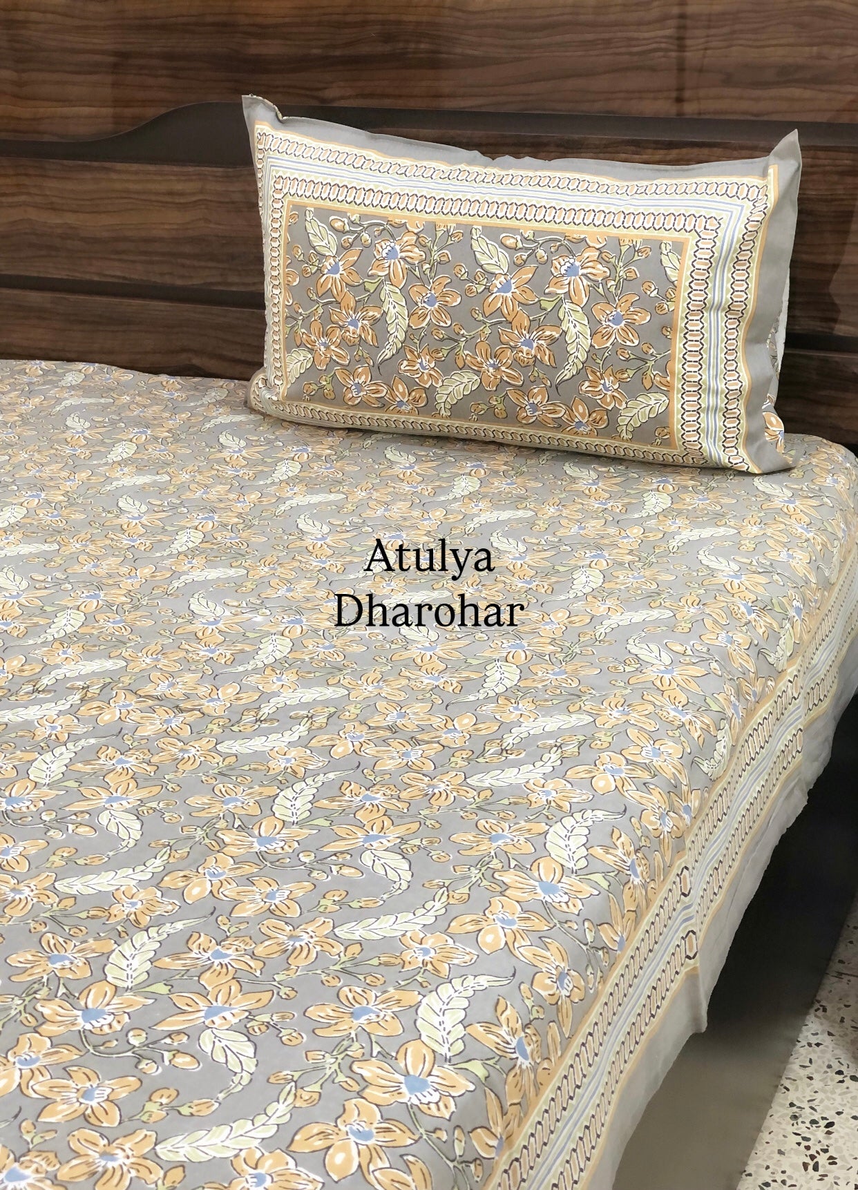 Grey Floral Jaal Cotton Super King Bedsheet