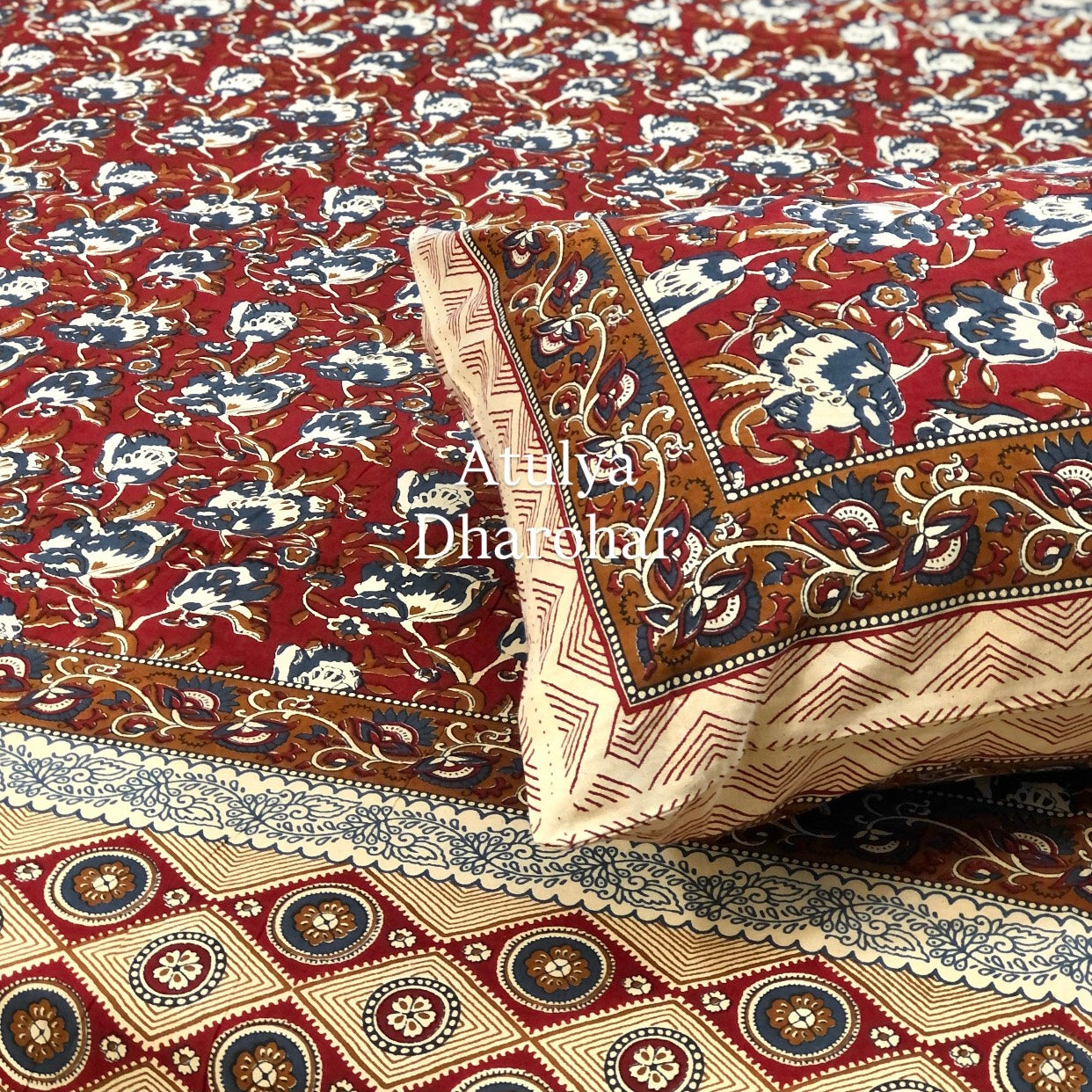 Maroon and Blue Cotton Kalamkari King Size Bedsheet