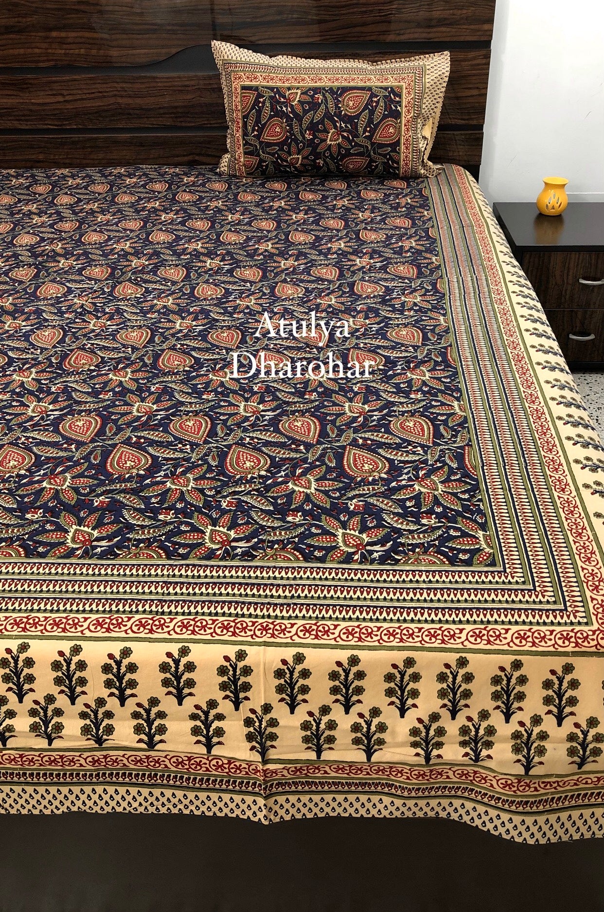 Indigo Kalamkari Super King Cotton Bedsheet
