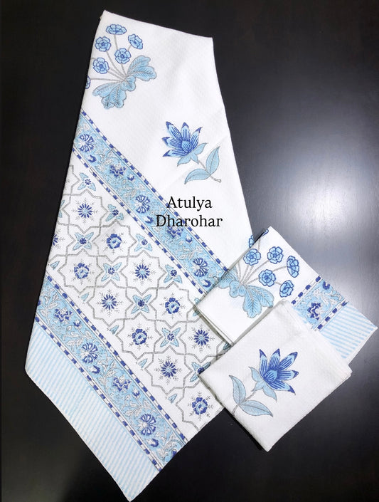 Blue Floral Motifs Hand Block Waffle Cotton Towel Set