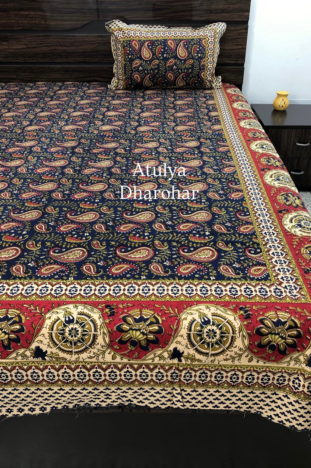 Indigo & Red Cotton Kalamkari King Size Bedsheet