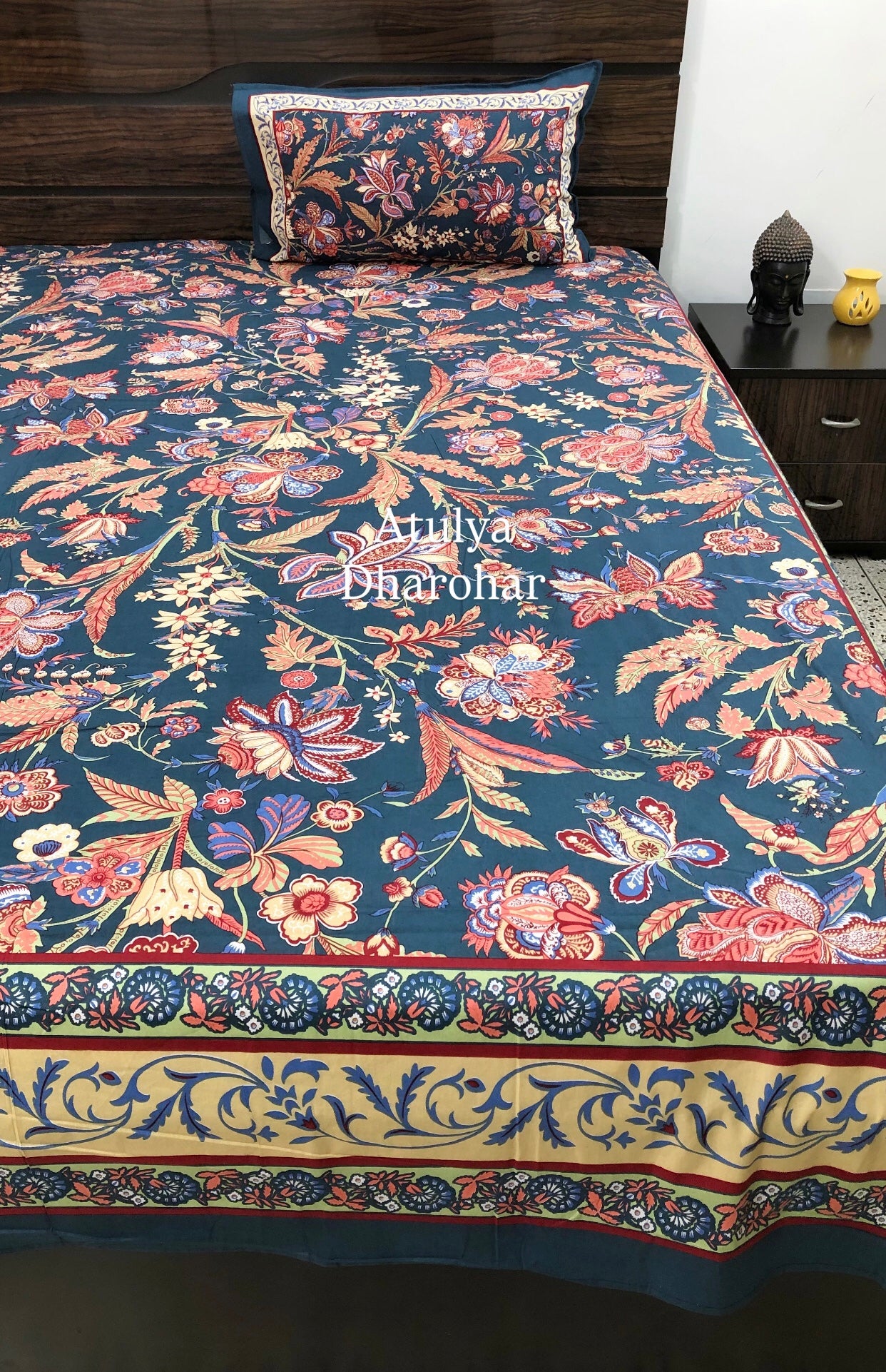 Navy Blue and Multicolour Floral Jaal Super King Cotton Bedsheet
