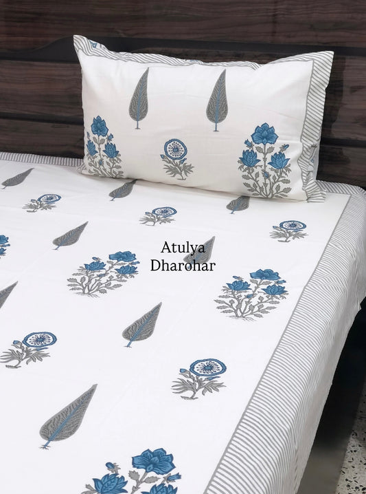 Blue and Grey Floral Motifs Cotton Single Bed Bedsheet
